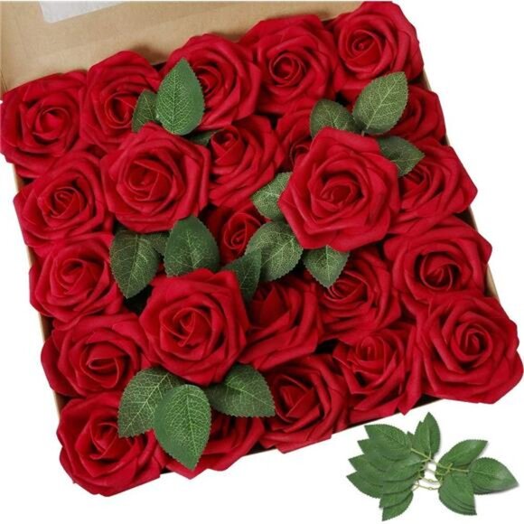 Artificial Flowers Dark Red Rose 50pcs Real Looking Fake Roses w/Stem for DIY - Picture 1 of 7